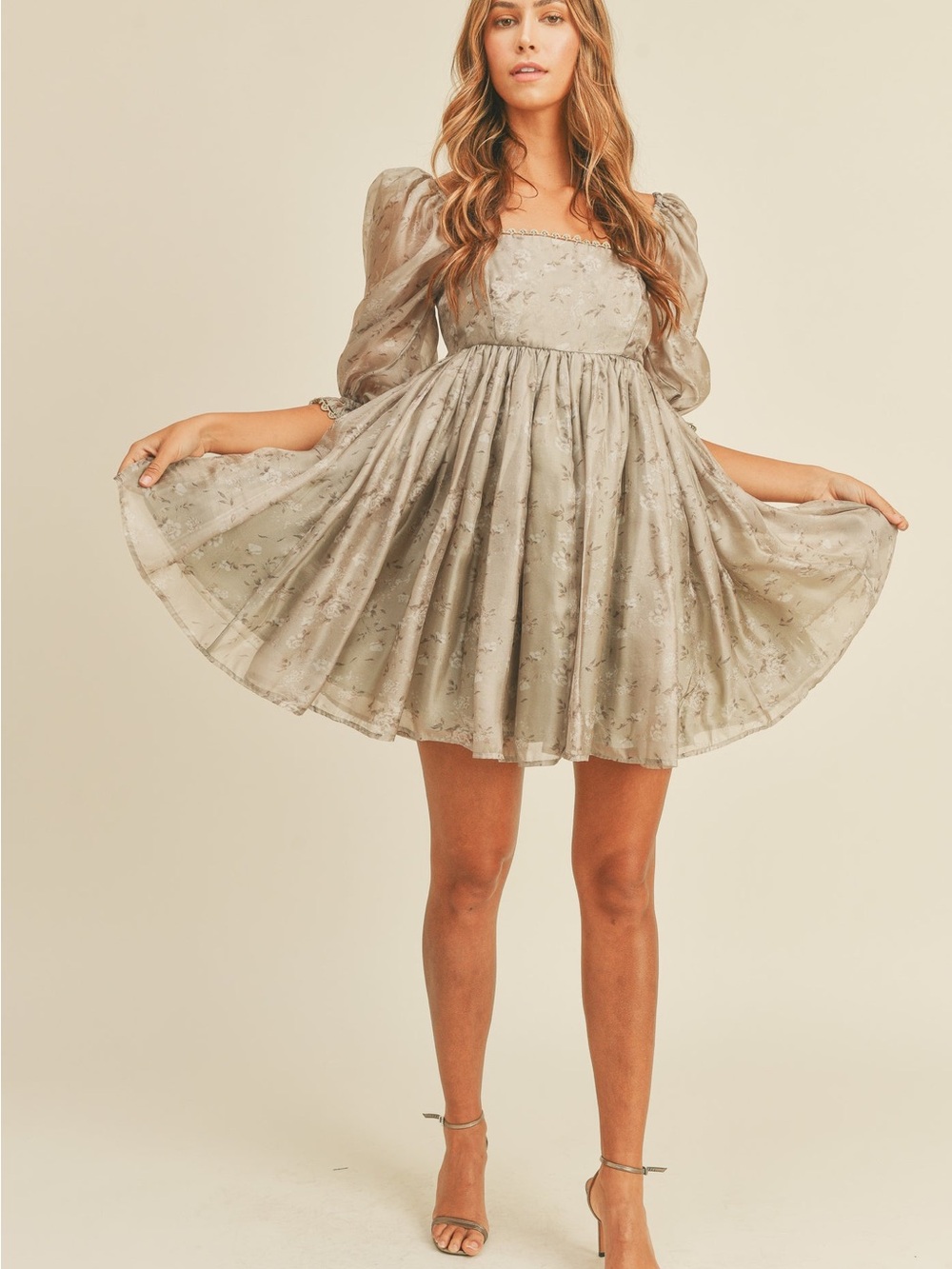 MABLE Puff-Sleeve Square-Neck Mini Dress in Sage Green